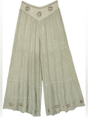 The little bazaar Sz S/M Wide Leg Boho Pants Seagreen Embroidered Lounge Pant